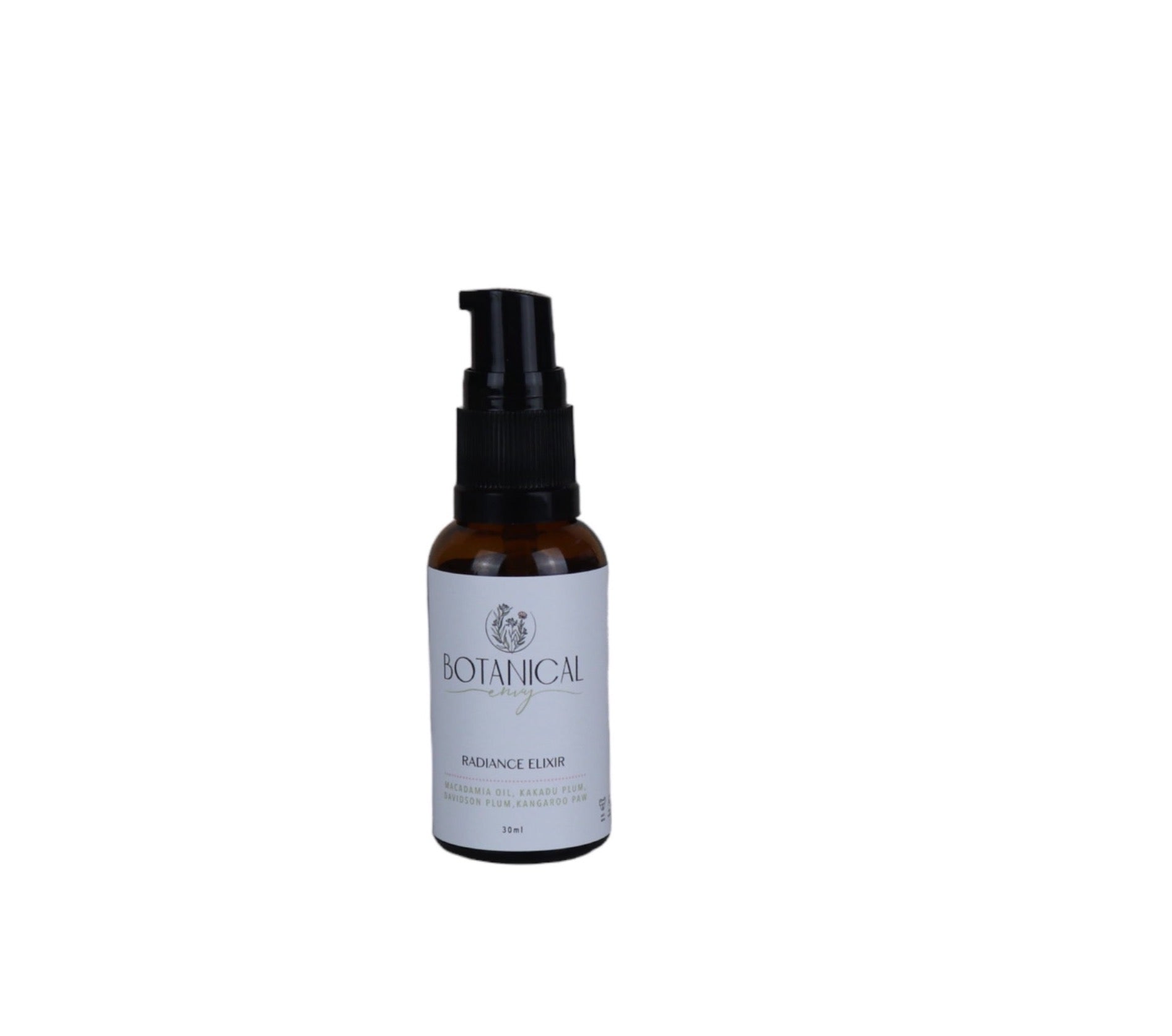 An amber glass bottle of radiance elixir