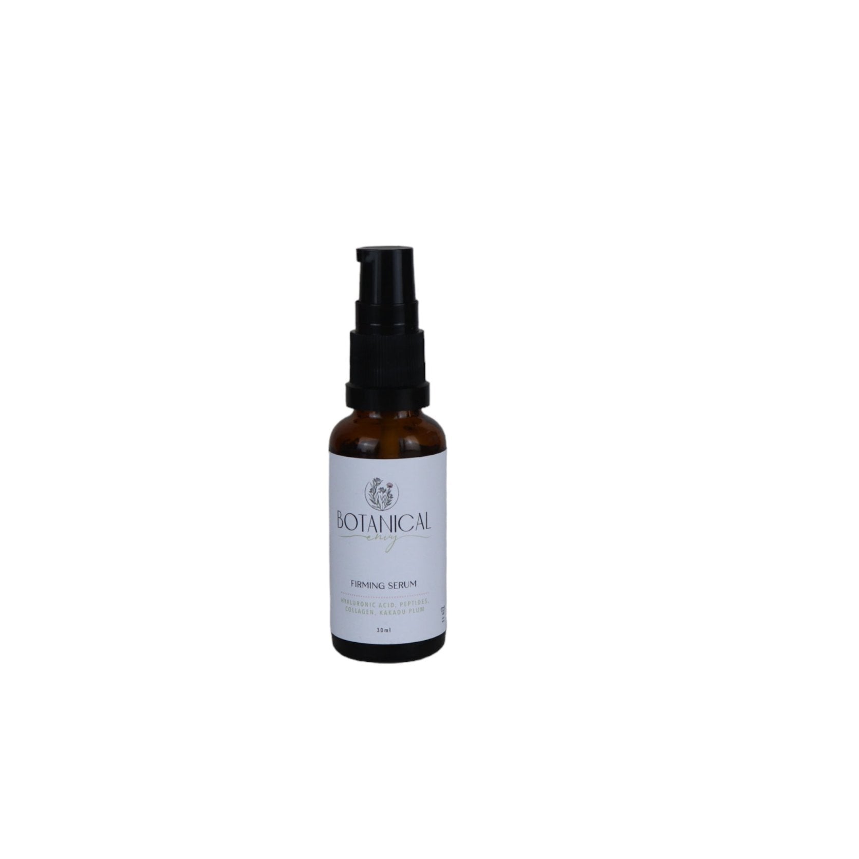 An amber glass bottle of firming serum