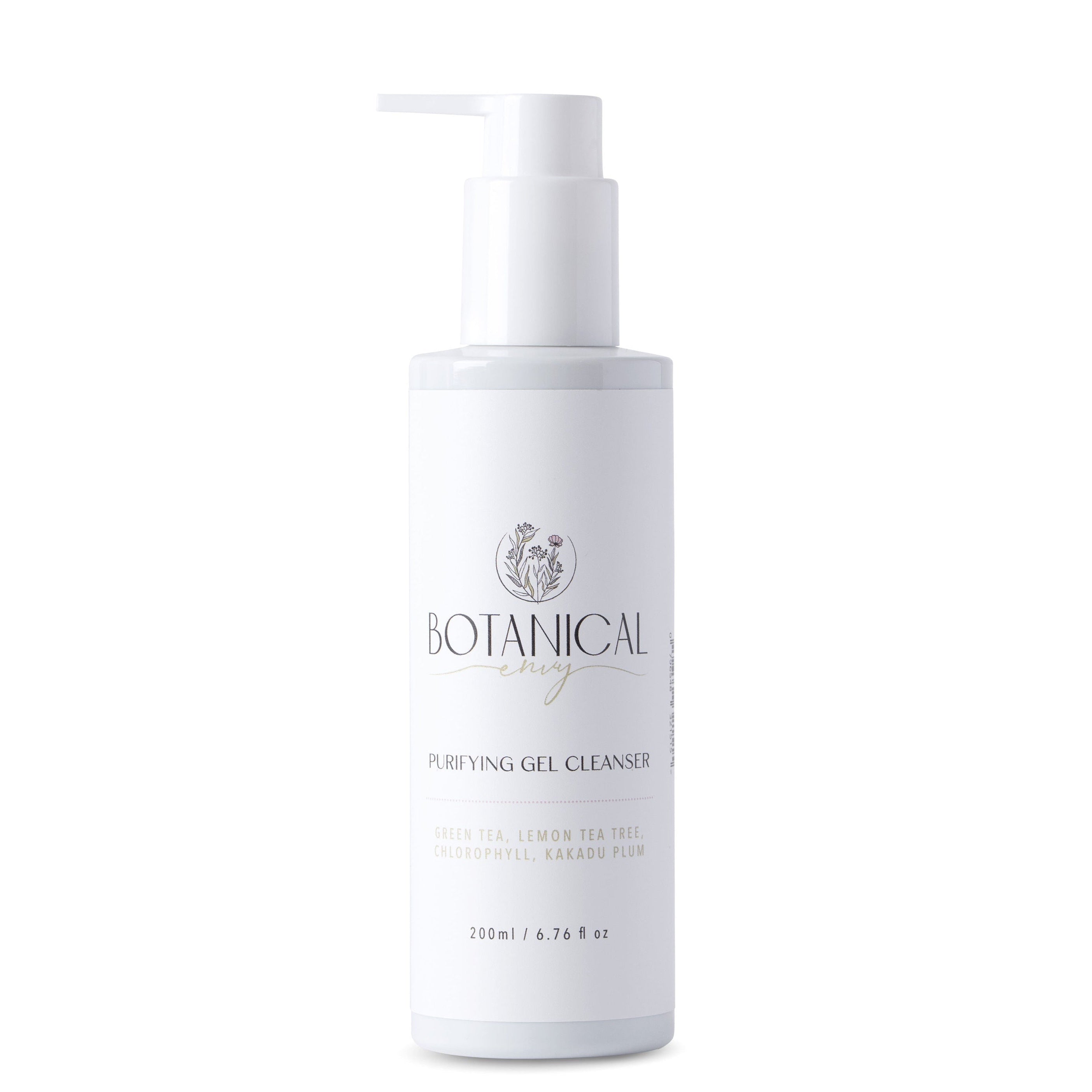A pump bottle of purifying gel cleanser with the brand name BOTANICAL envy printed on it.
