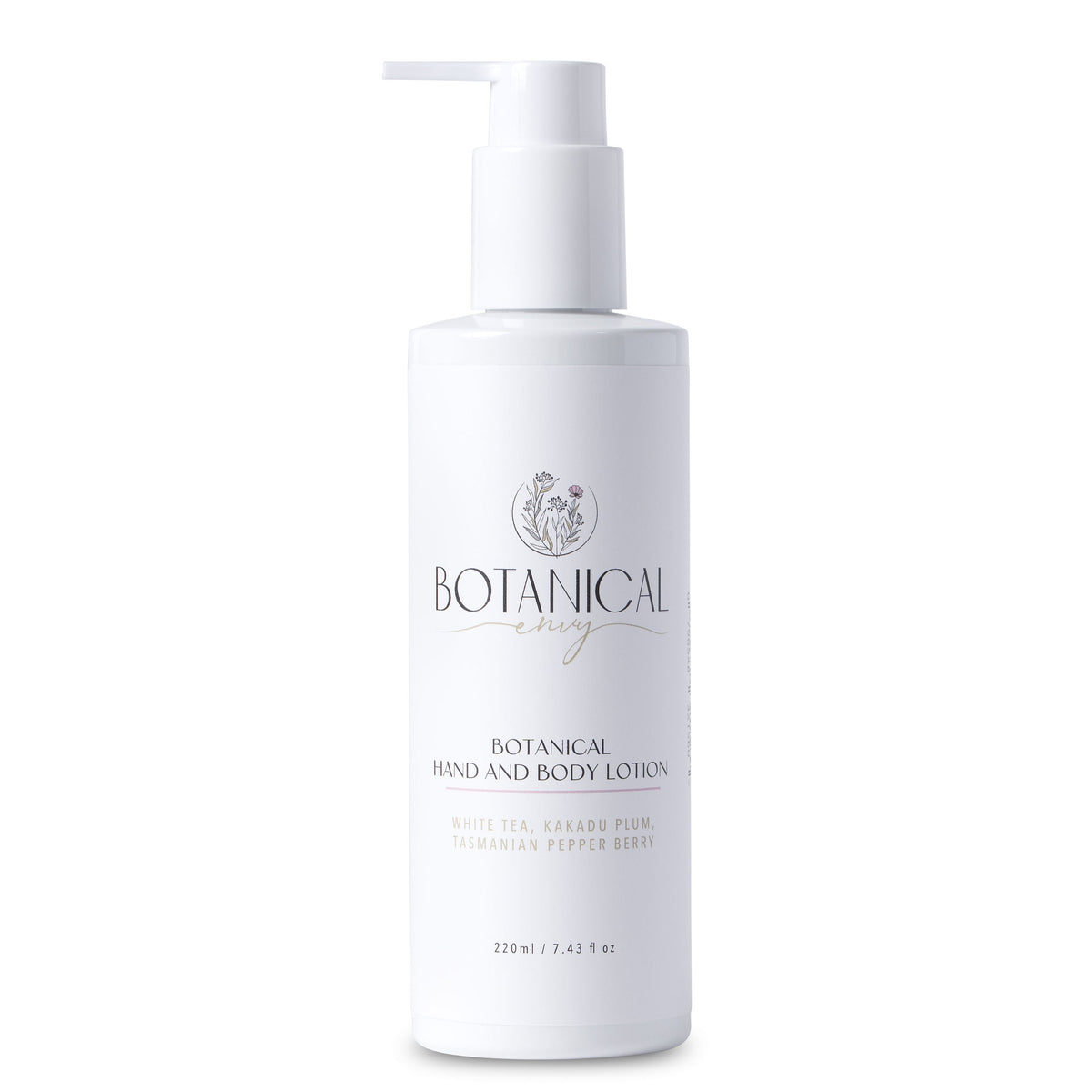 A white pump bottle of Botanical Envy Botanical Hand and Body Lotion on a clean white background.