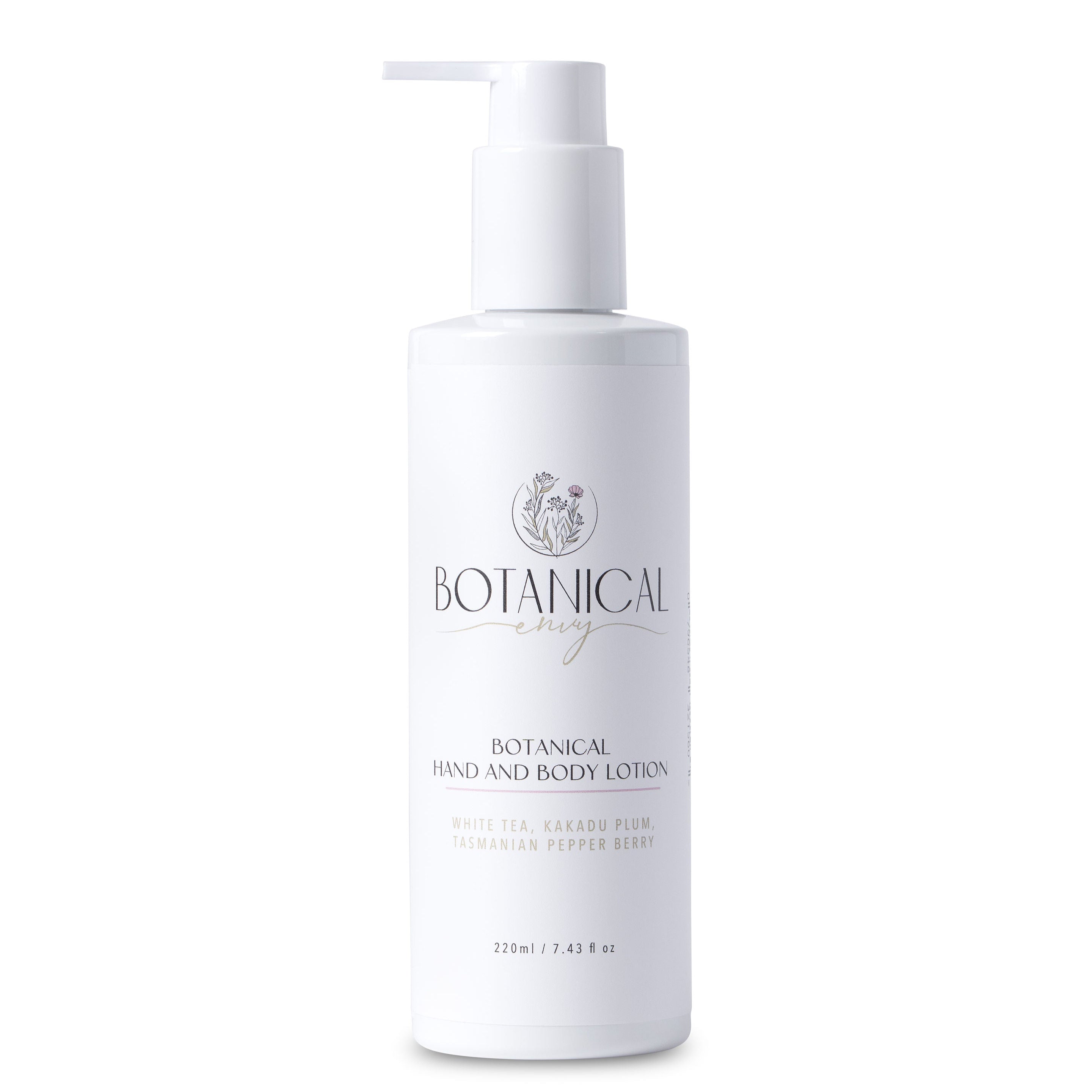 Botanical hand and body lotion bottle on a white background