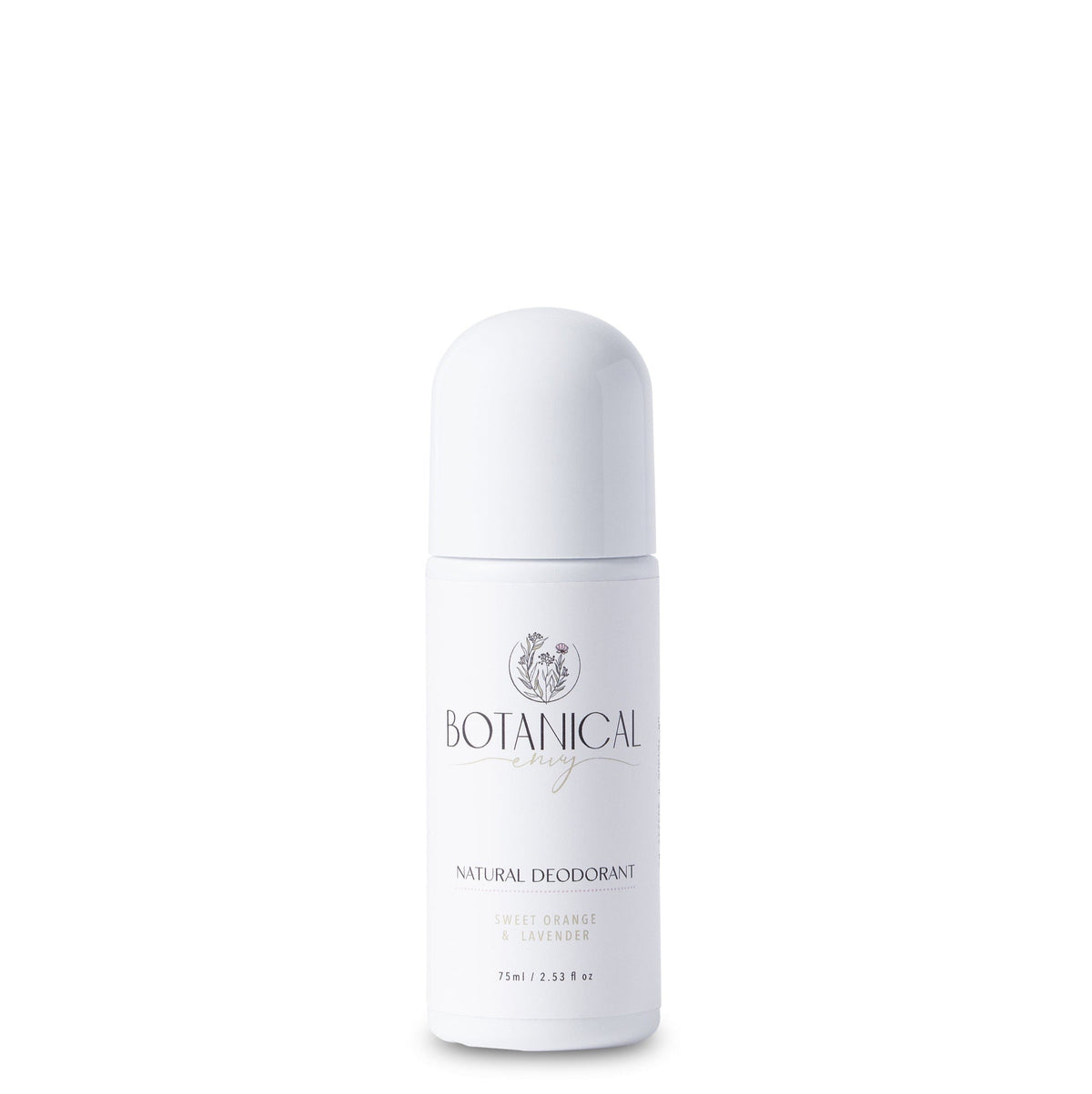 A white roll-on deodorant bottle with a matching white cap, featuring the brand name 'Botanical Envy' against a plain white background.