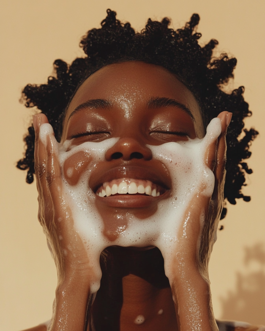 A close-up of a person with dark curly hair washing their face with white foaming soap, set against a solid warm beige background.
