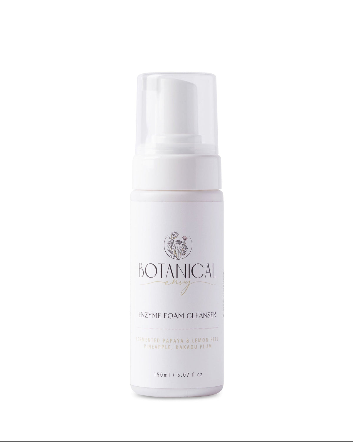 A white foam pump bottle of Botanical Envy Enzyme Foam Cleanser on a white background.