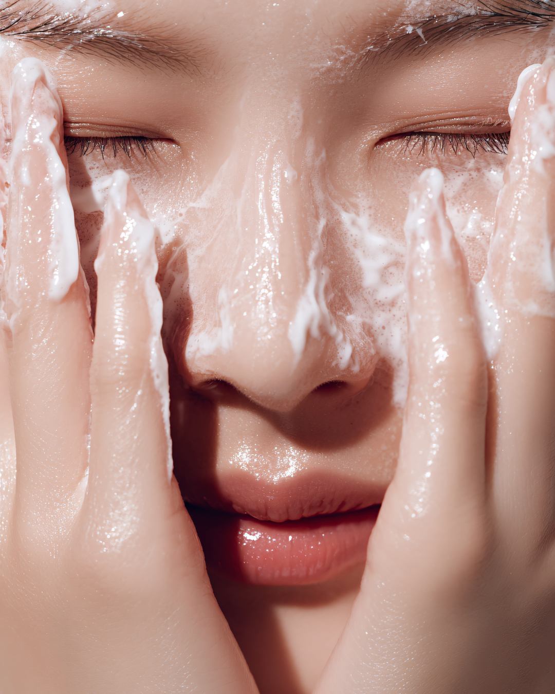 Close-up of a woman's face with closed eyes, covered in white cleansing foam, with both hands touching her cheeks against a plain white background.
