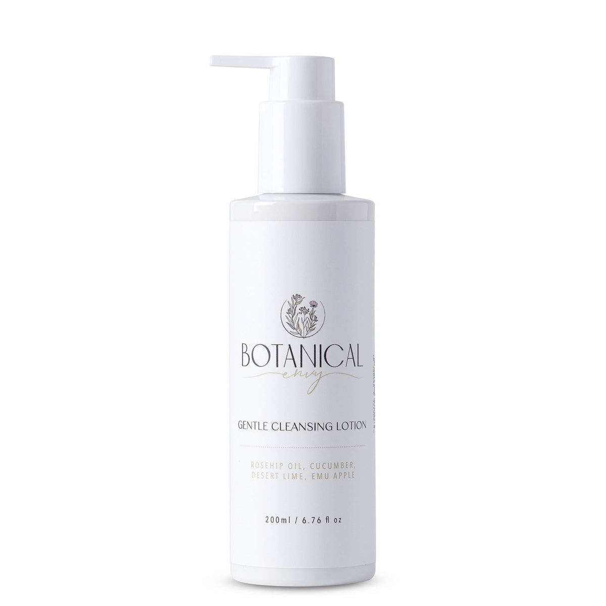 A white pump bottle of Botanical Envy Gentle Cleansing Lotion on a clean white background.