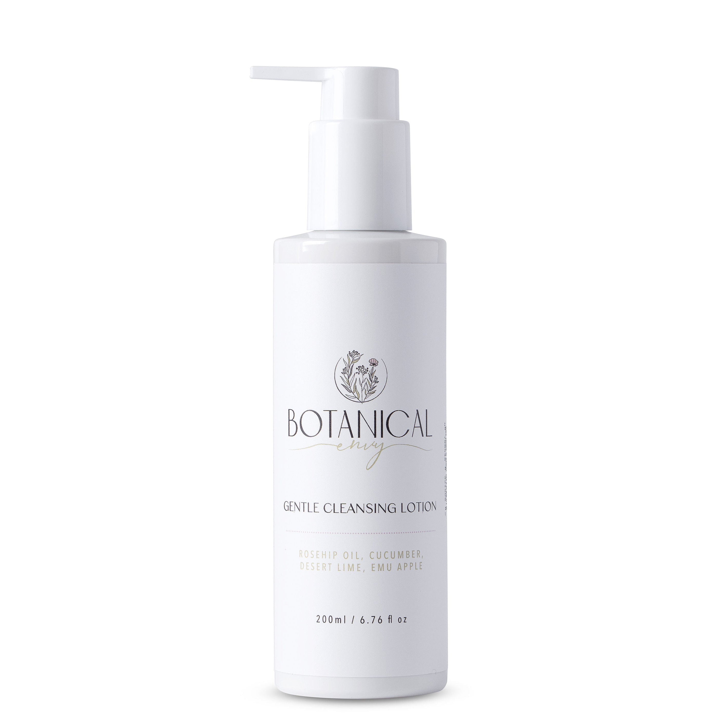 White bottle of Botanical Gentle Cleansing Lotion with pump on a white background