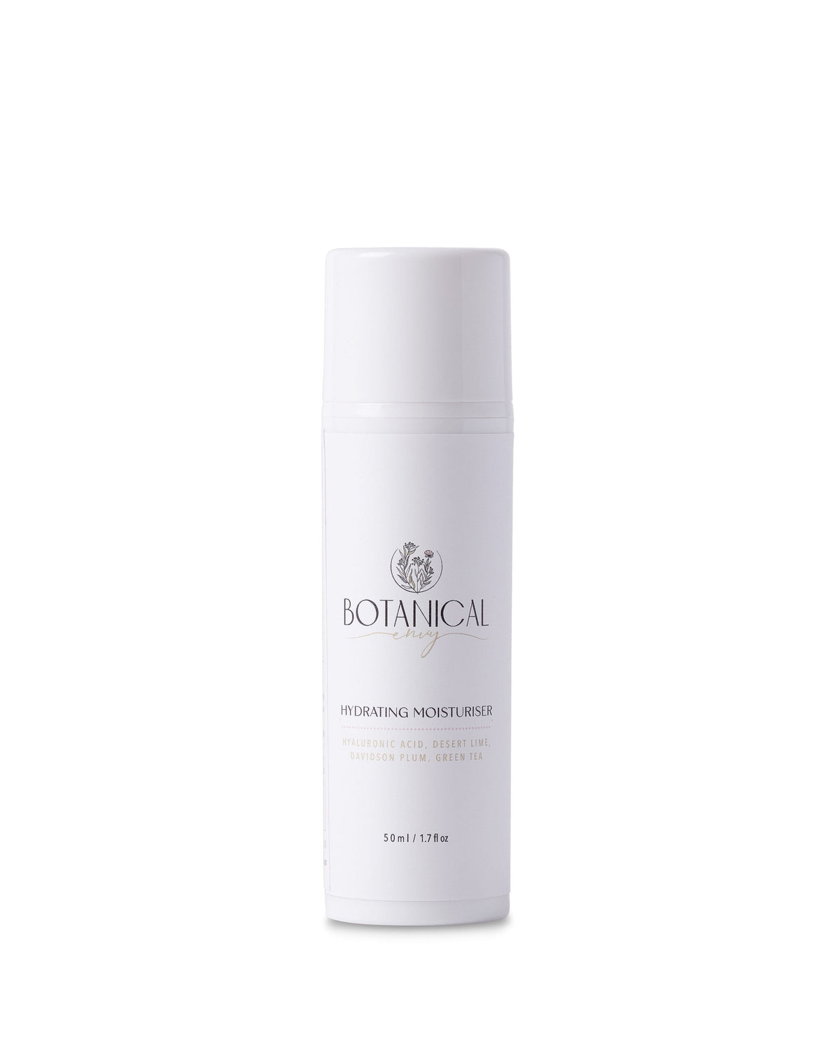 A white bottle of Botanical Envy hydrating moisturiser against a white background
