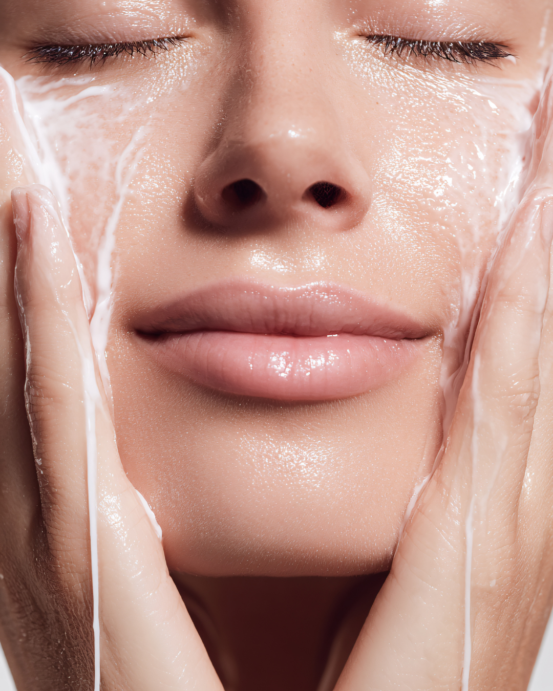 Close-up of a person's face with closed eyes, hands framing the cheeks, and glossy white cream being absorbed across the skin.