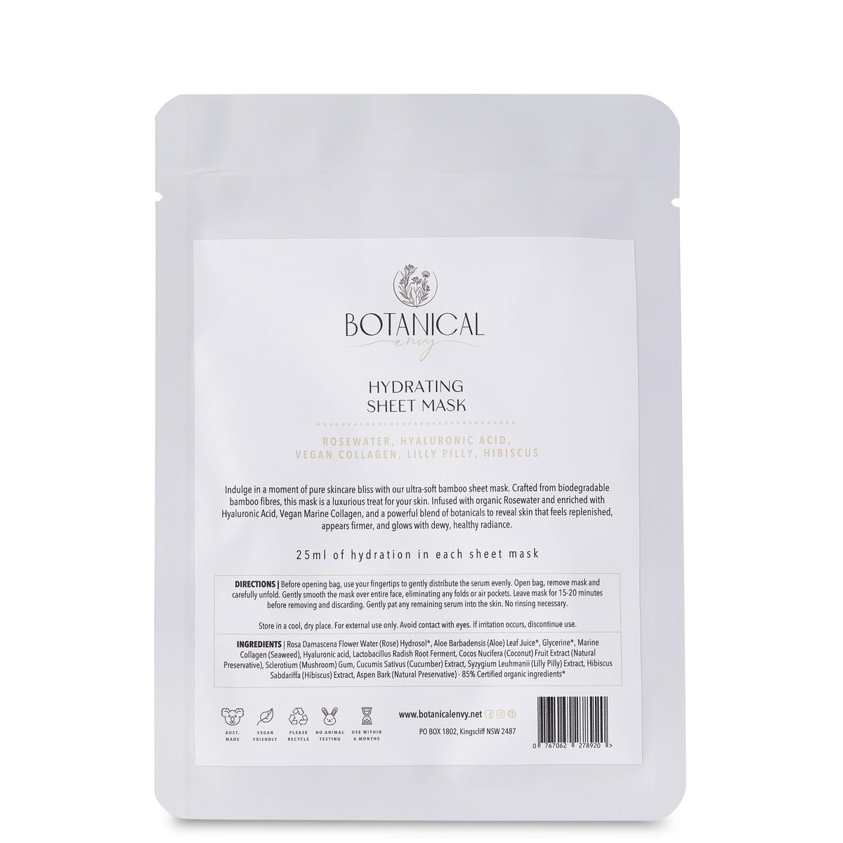 Botanical Hydrating Sheet Mask in a white stand-up pouch with a large white label, shown against a plain white background.