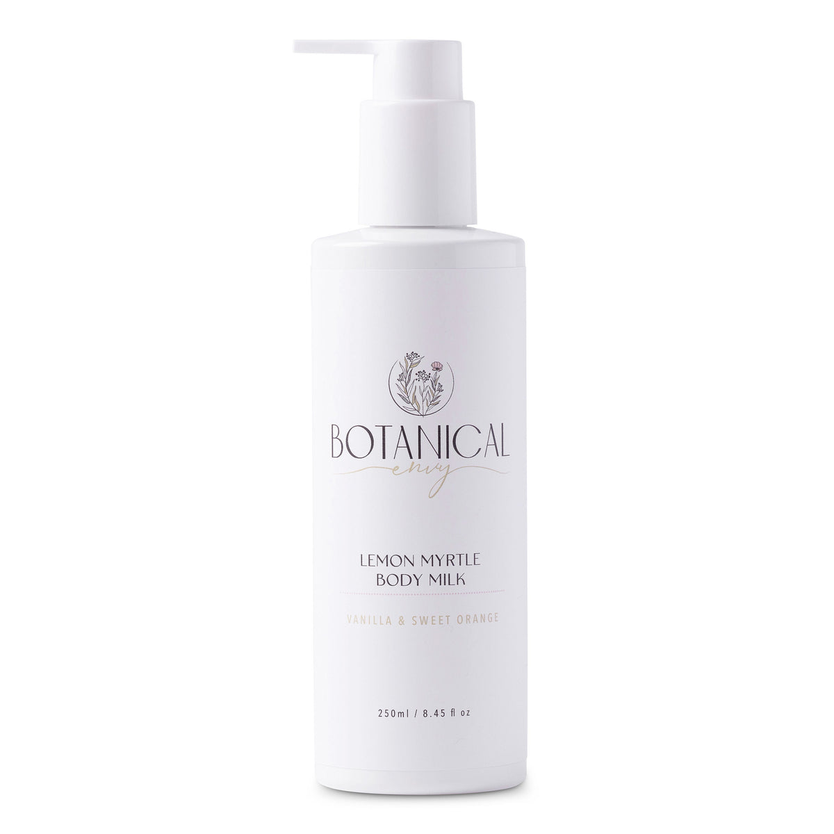 A white bottle of Botanical Envy Lemon Myrtle body milk against a white background