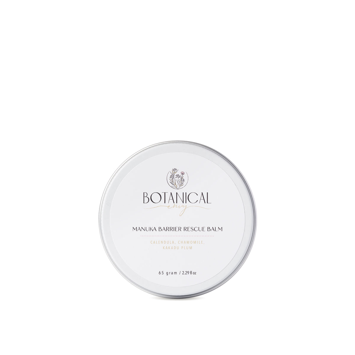 A round aluminium tin of Botanical Envy Manuka barrier rescue balm with white label against a white background