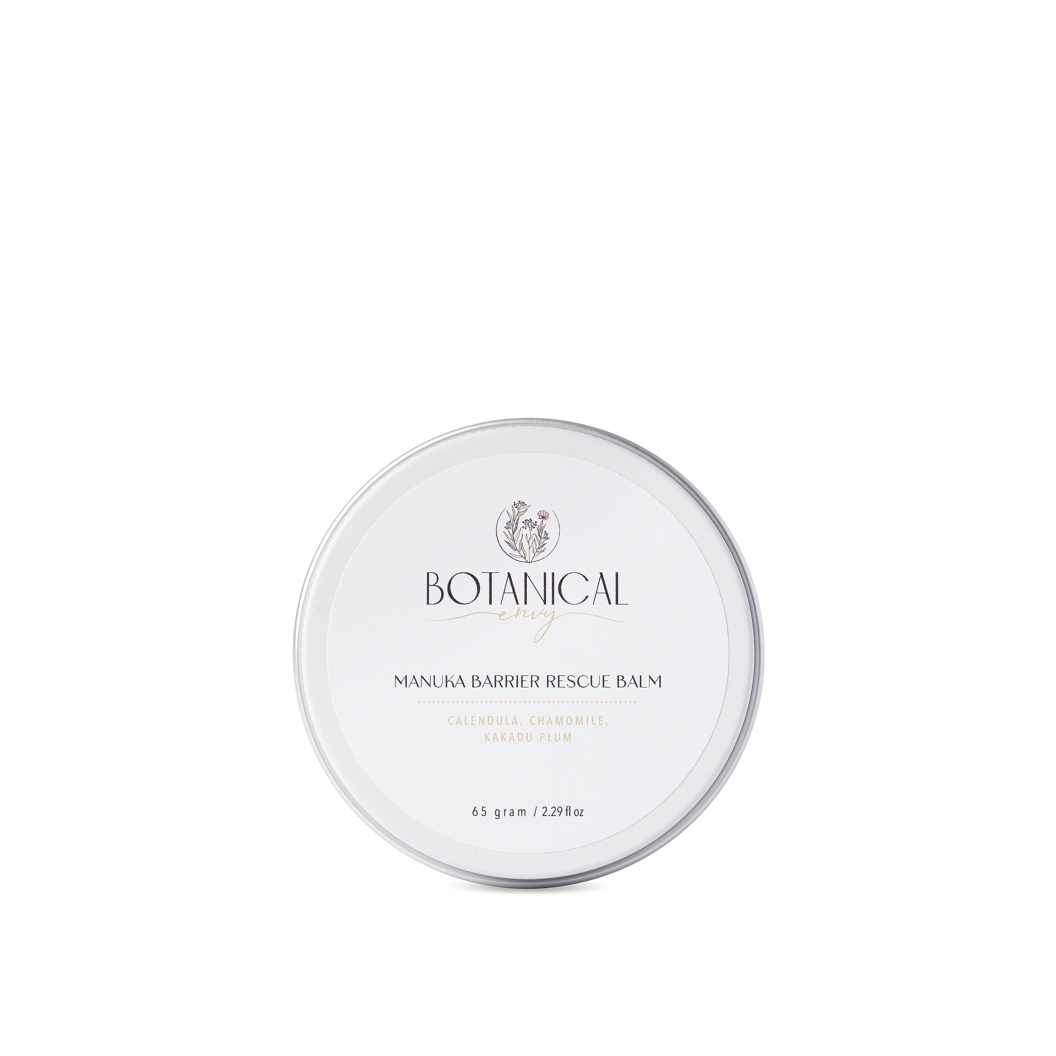 A round silver tin of Botanical Care Manuka Barrier Rescue Balm on a solid white background.