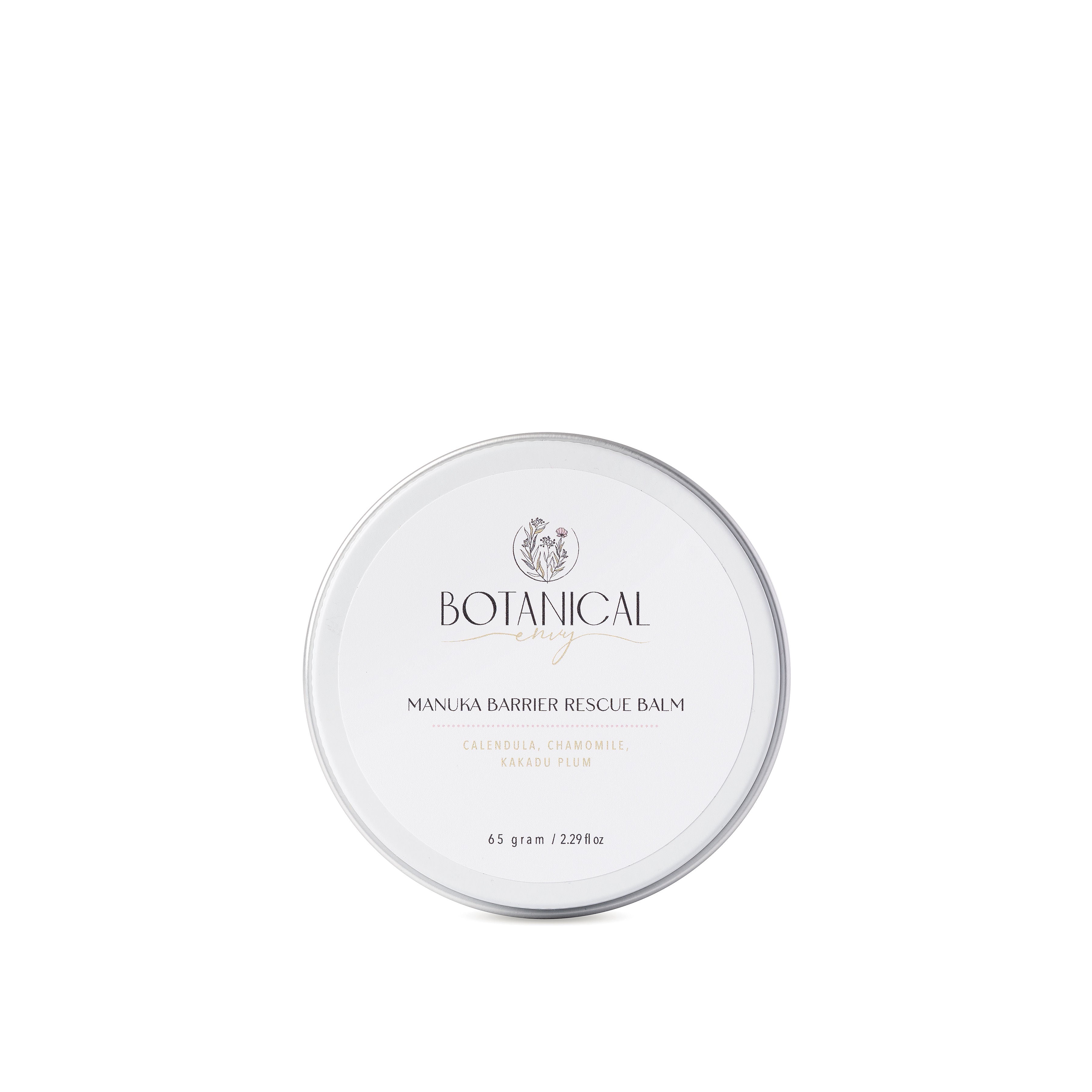 A round silver tin of Manuka Barrier Rescue Balm on a solid white background.