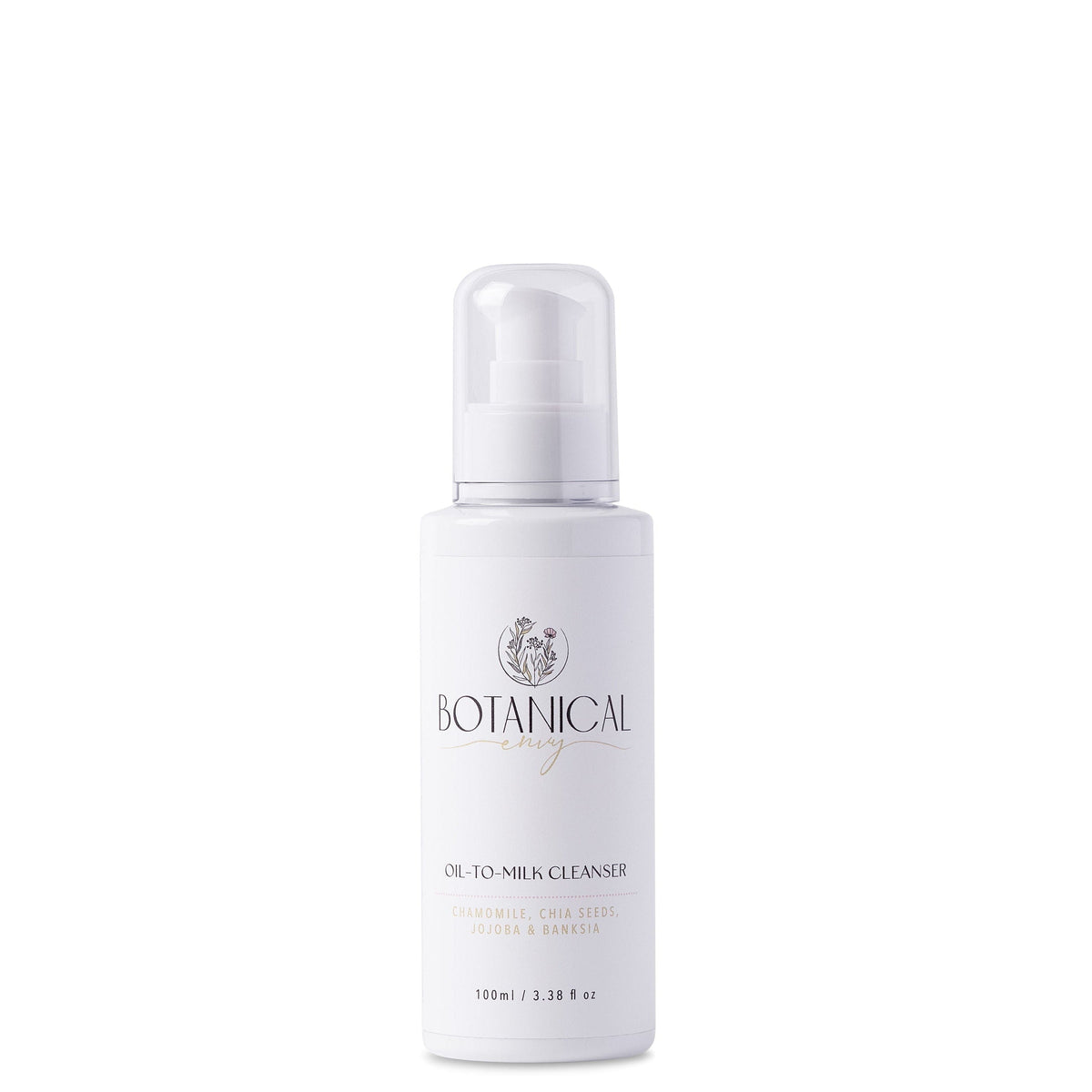 A white pump bottle of Botanical Beauty Oil-to-Milk Cleanser against a white background.