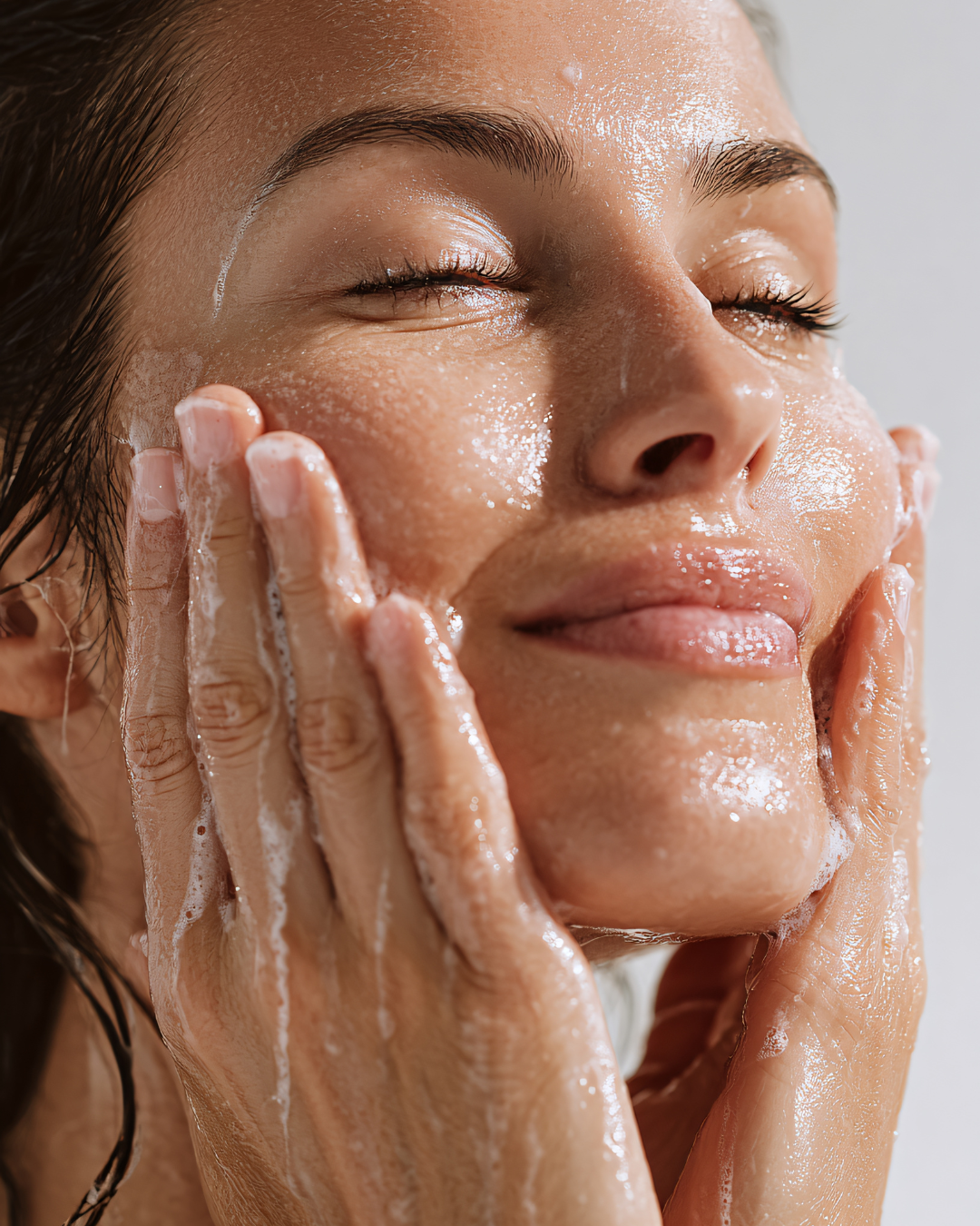 Close-up of a woman with closed eyes and wet, foamy hands washing her face against a light gray background.