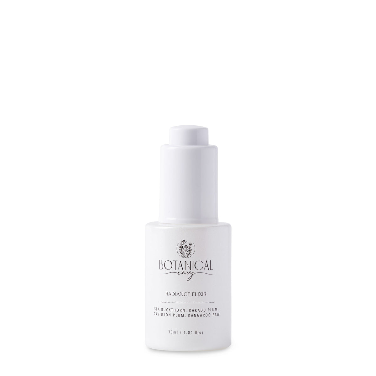 A bottle of Botanical Envy Radiance elixir facial oil with a white dropper cap against a clean white background.