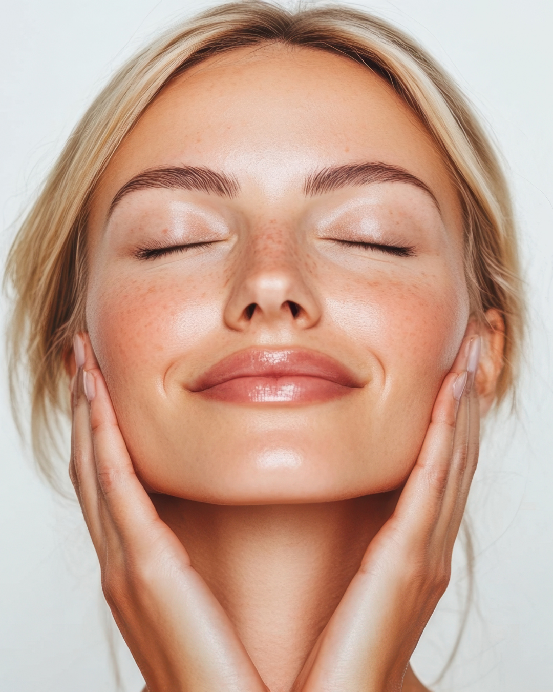 A close-up portrait of a smiling woman with closed eyes, her hands gently framing her face against a clean light background.