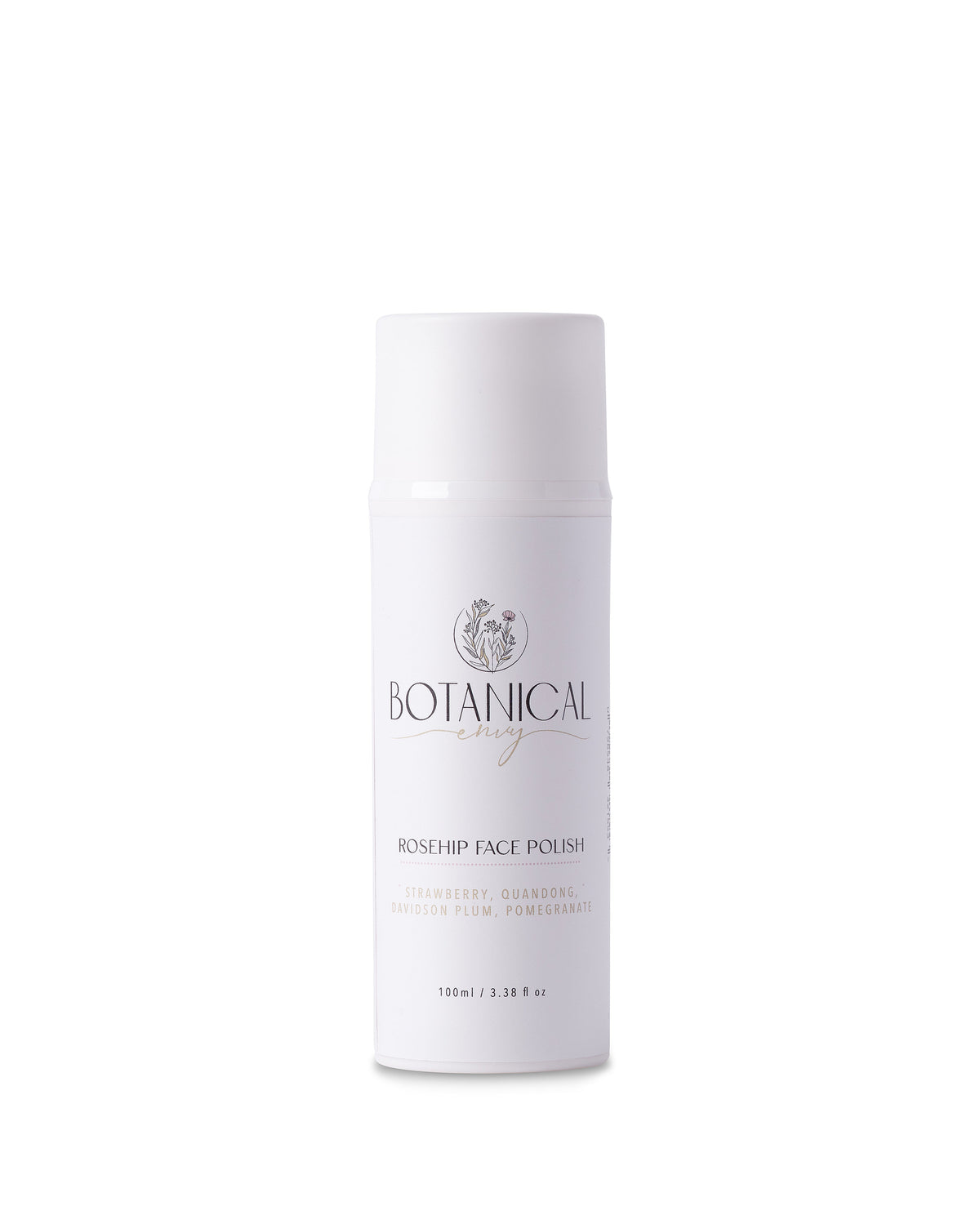 A white skincare bottle of  Botanical Envy Rosehip Face Polish on a white background.