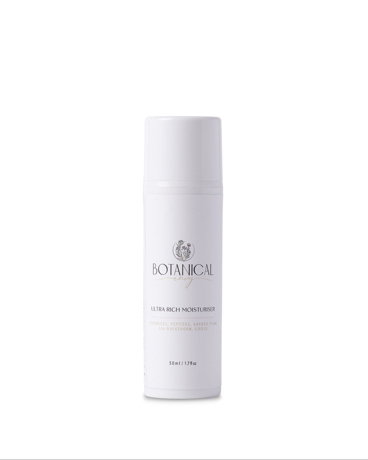 A white bottle of Botanical Envy Ultra Rich Moisturiser on a seamless white background.