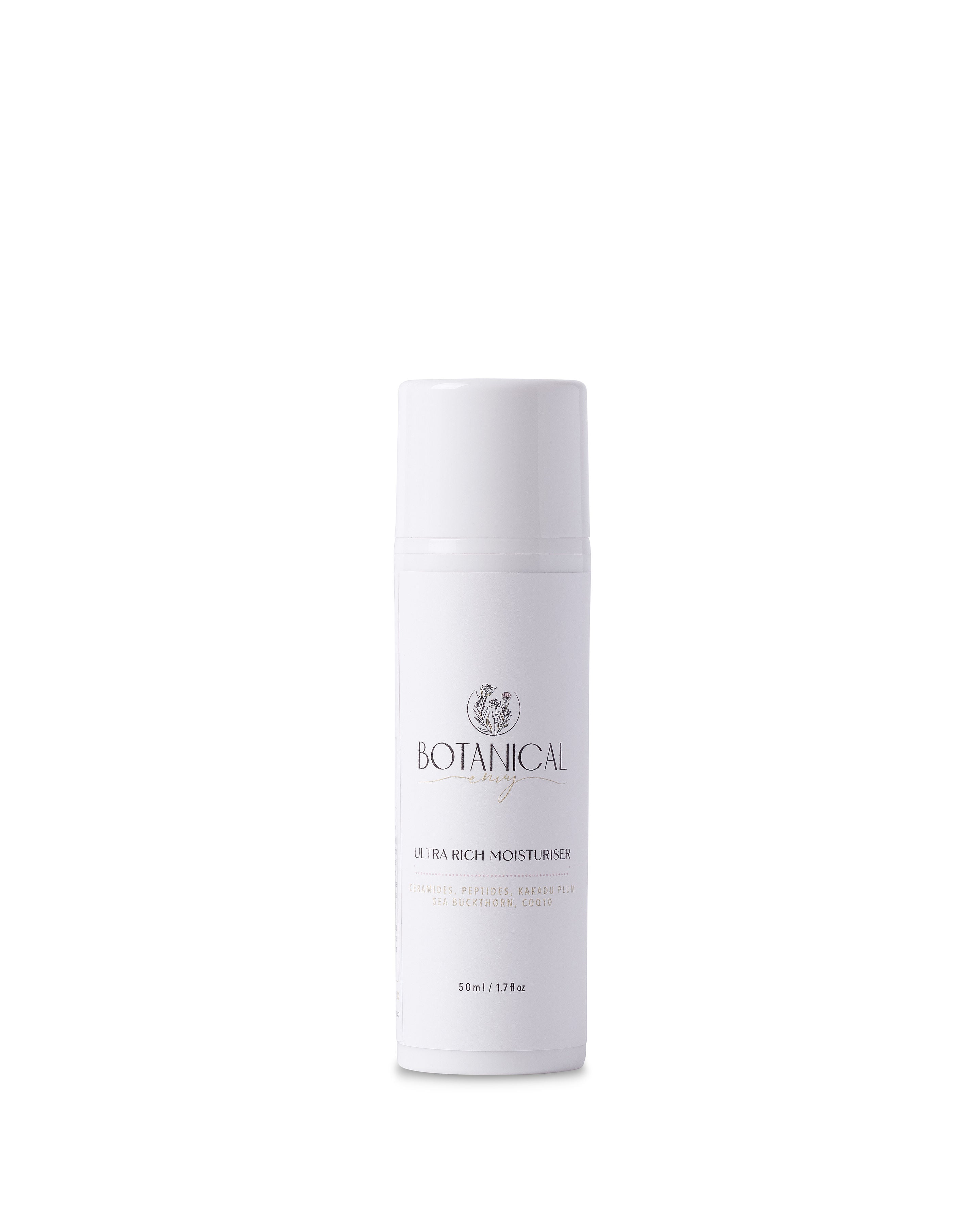 White bottle of Botanical skincare product on a white background