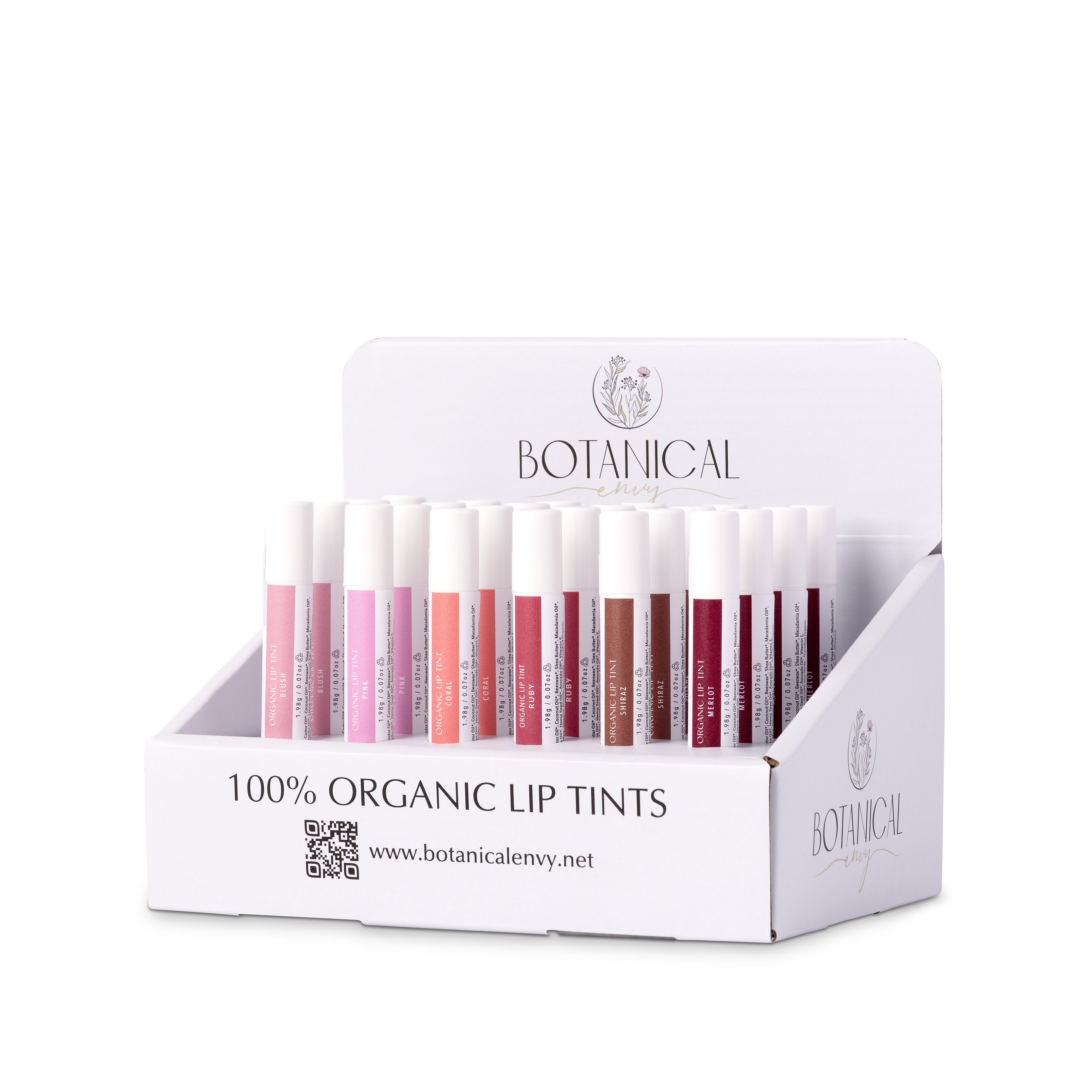 Display of Botanical 100% Organic Lip Tints with visible brand logo on a white background