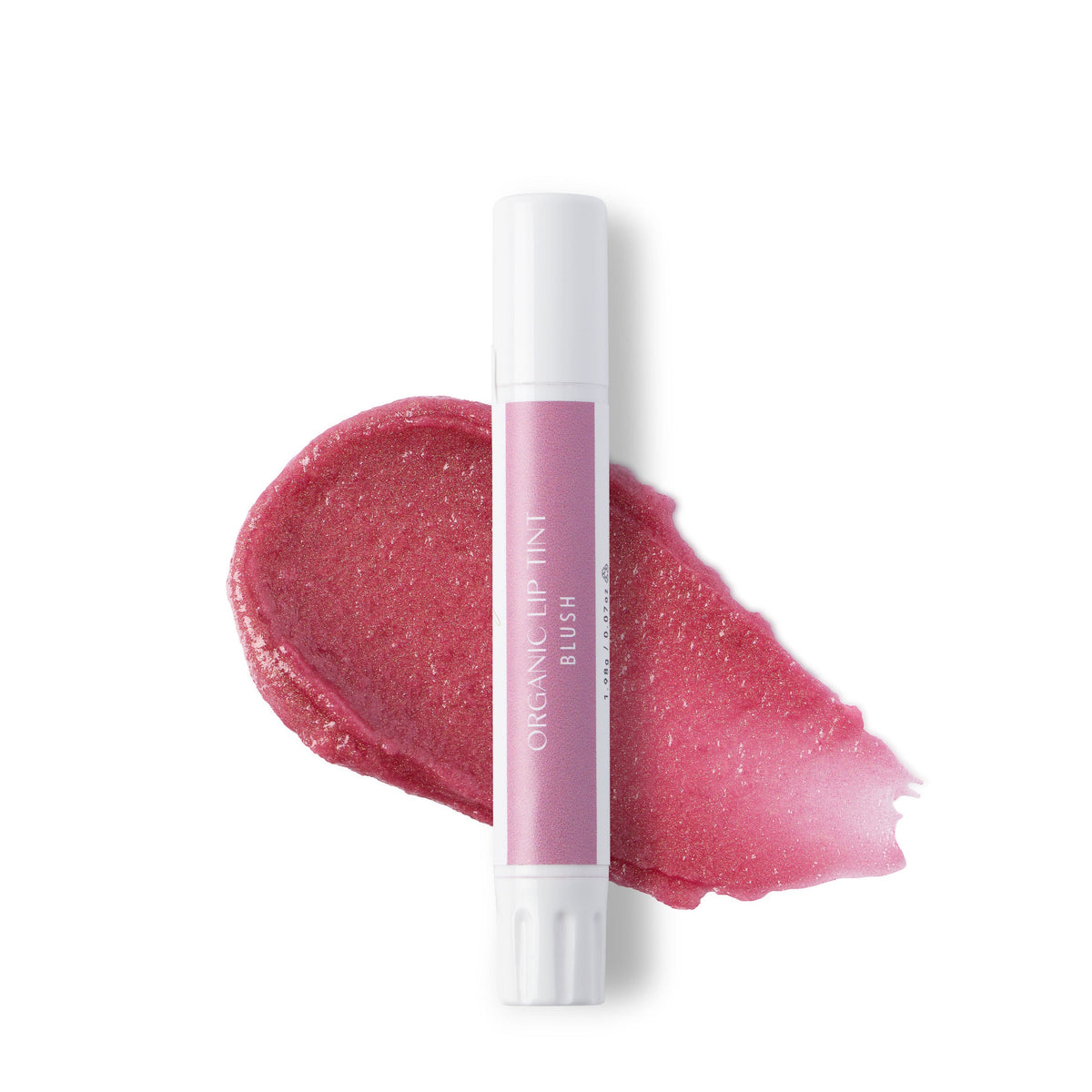 Lip tint with pink colour swatch on a white background